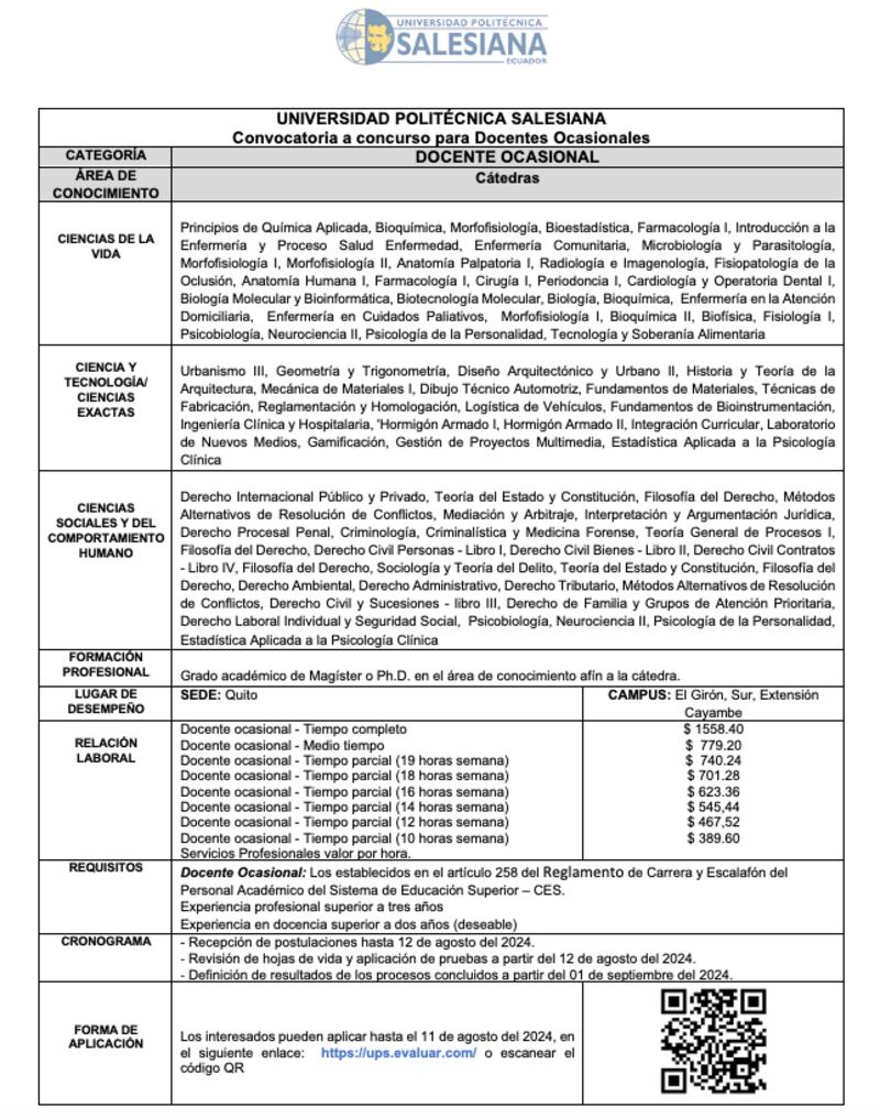 Universidad Politécnica Salesiana: Convocatoria a concurso para Docentes Ocasionales