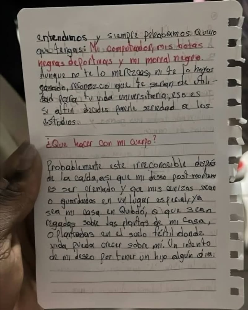 Carta que dejó joven que se lanzó de un edificio en Colombia