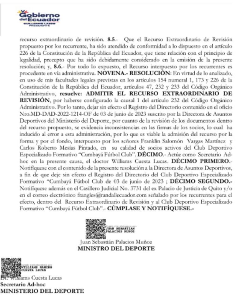 Ministerio del Deporte no reconoce directiva del Cumbayá FC