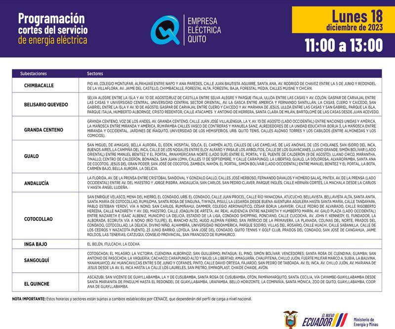 Cronograma de cortes de luz para este lunes 18 de diciembre en Quito.
