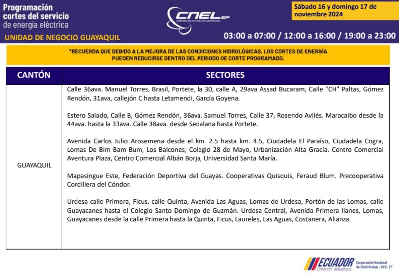 Guayaquil: horarios de cortes de luz de este domingo 17 de noviembre. Imagen: CNEL