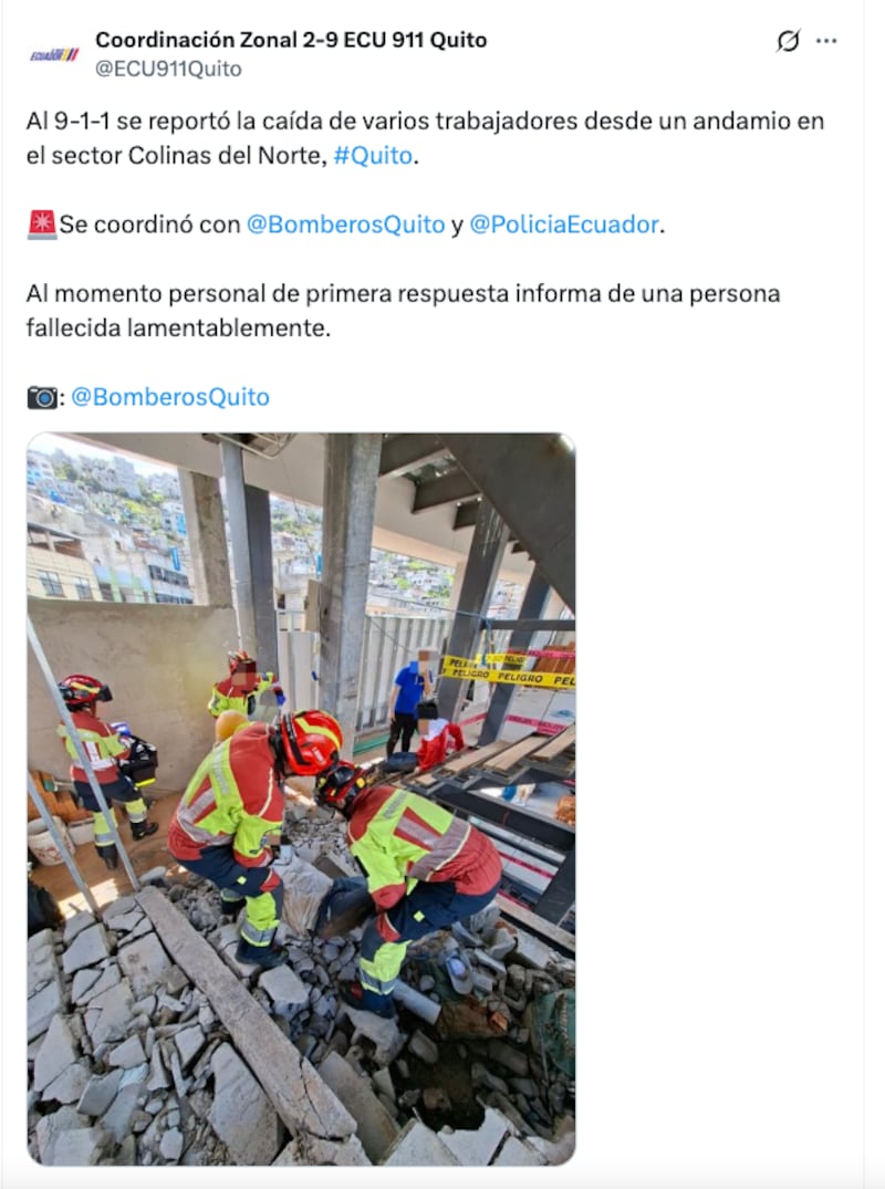 Caída de trabajadores desde un andamio deja un fallecido en el norte de Quito. Captura de Pantalla