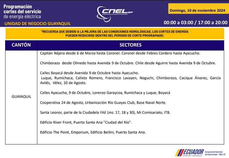 Cortes de luz en Guayaquil el 10 de noviembre