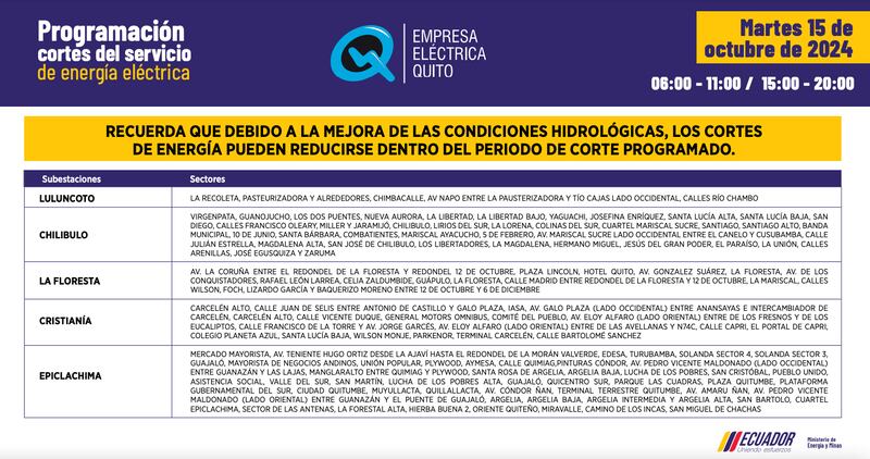 Quito: recuerde los horarios de cortes de luz para este 15 de octubre