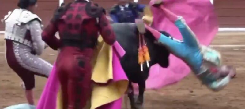Cornada de un toro a un matador en México.