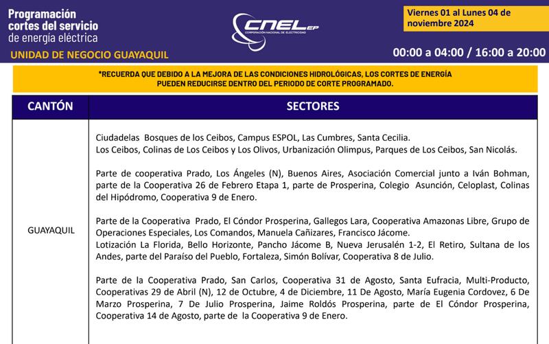 Guayaquil: Así quedan los nuevos horarios de cortes de luz para el feriado de noviembre