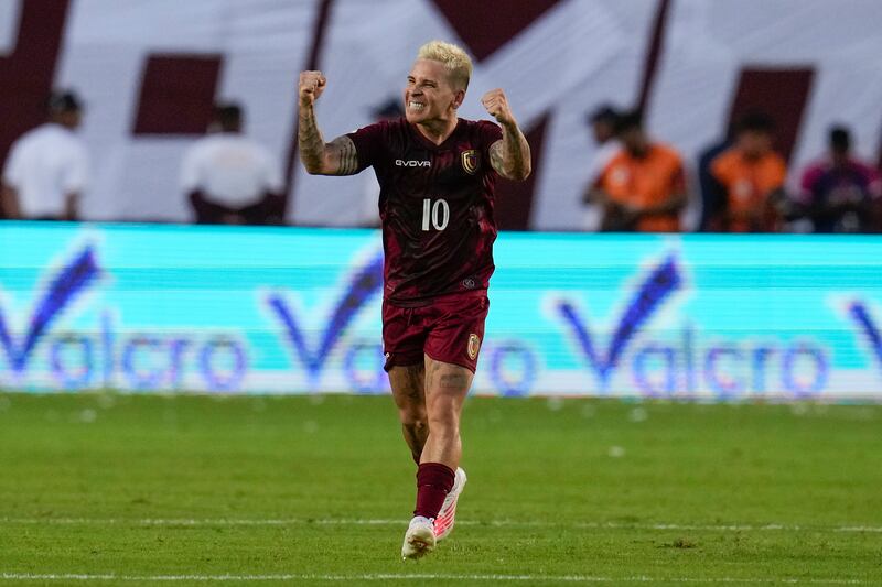 Venezuela's Yeferson Soteldo celebrates after scoring his side's opening goal against Chile during a qualifying soccer match for the FIFA World Cup 2026 at Monumental stadium in Maturin, Venezuela, Tuesday, Oct. 17, 2023. (AP Photo/Ariana Cubillos)