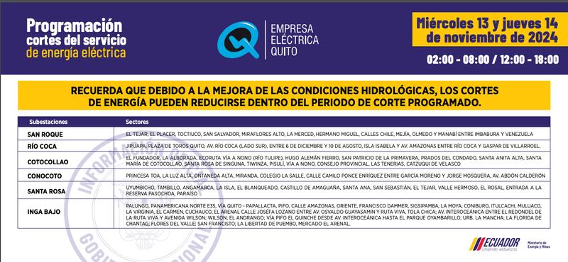 cortes de luz Quito 13 y 14 noviembre