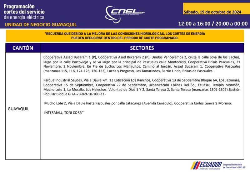 Guayaquil: horarios de cortes de luz para este sábado 19 y domingo 20 de octubre. Imagen: CNEL