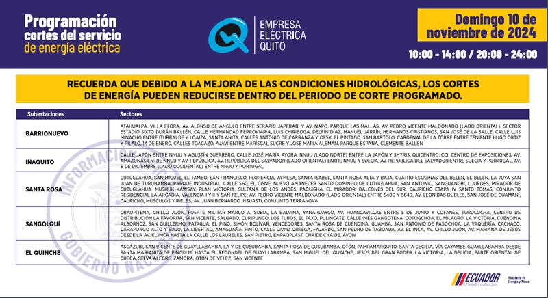Horarios de cortes de luz para este domingo 10 de noviembre en Quito.