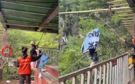 Video viral muestra el momento en que una turista cae de una tirolesa en China tras una falla en el arnés de seguridad.