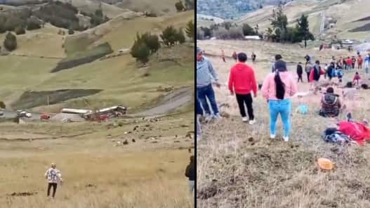 Un bus de la cooperativa Ambateñita cayó montaña abajo en Simiátug, Bolívar. Video muestra el instante del accidente. Hay 14 muertos y varios heridos.