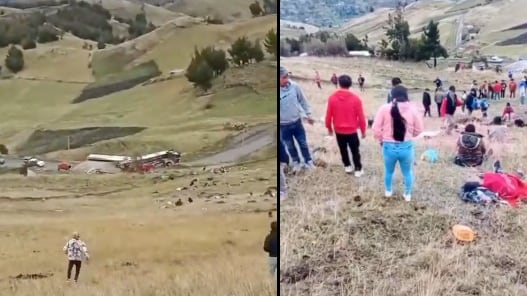 Un bus de la cooperativa Ambateñita cayó montaña abajo en Simiátug, Bolívar. Video muestra el instante del accidente. Hay 14 muertos y varios heridos.
