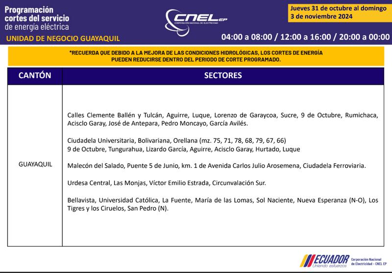 Cortes de luz en Guayaquil del 31 de octubre al 3 de noviembre