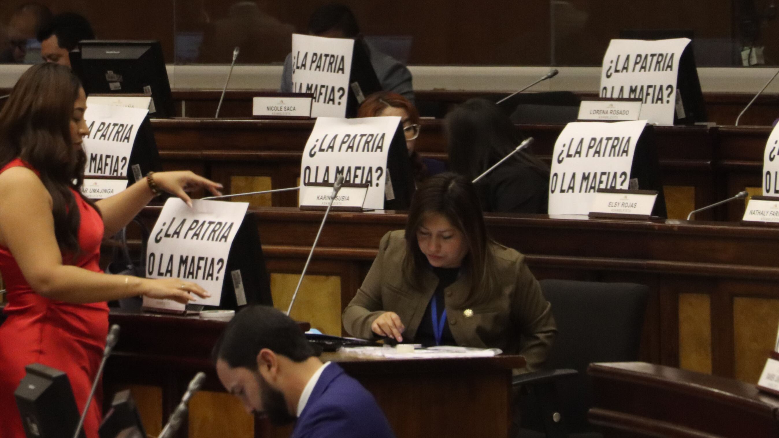 “¿La Patria o la Mafia?”: bancada oficialista exhibe carteles en sesión que decidirá el futuro de Mónica Palencia