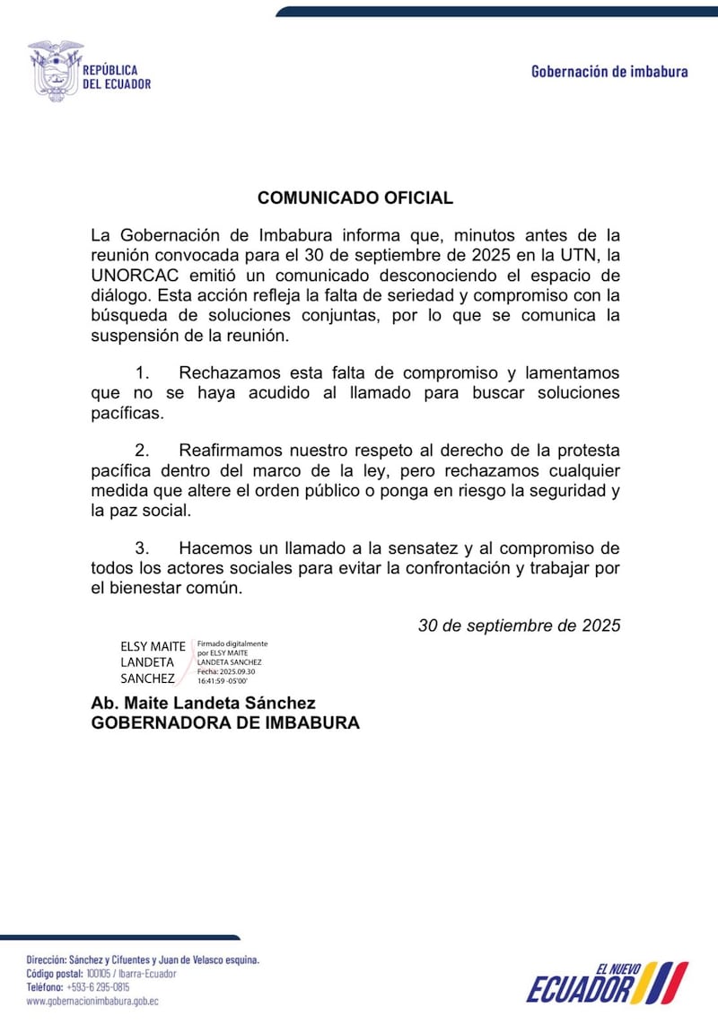 Gobierno suspende diálogo con organizaciones indígenas de Imbabura y cuestiona falta de compromiso
