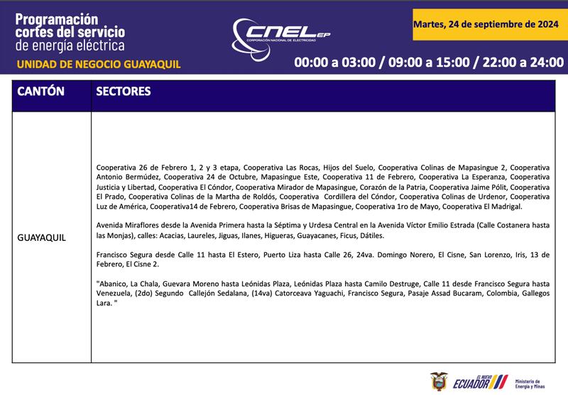 Horario de cortes de luz para este martes 24 de septiembre en Guayaquil.