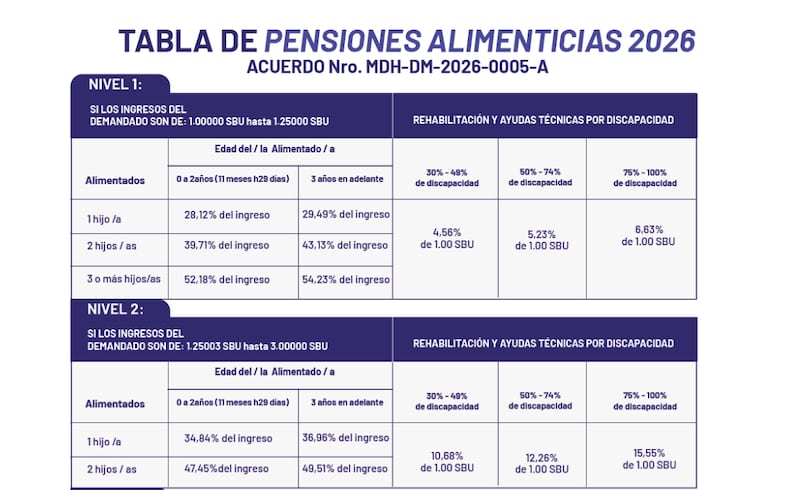 Tabla de Pensiones Alimenticias para personas adultas mayores para 2026
