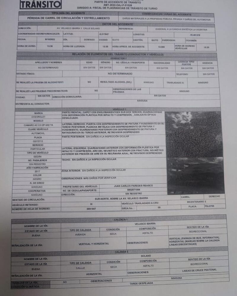 Parte policial del Camaro chocado de Juan Carlos Paredes