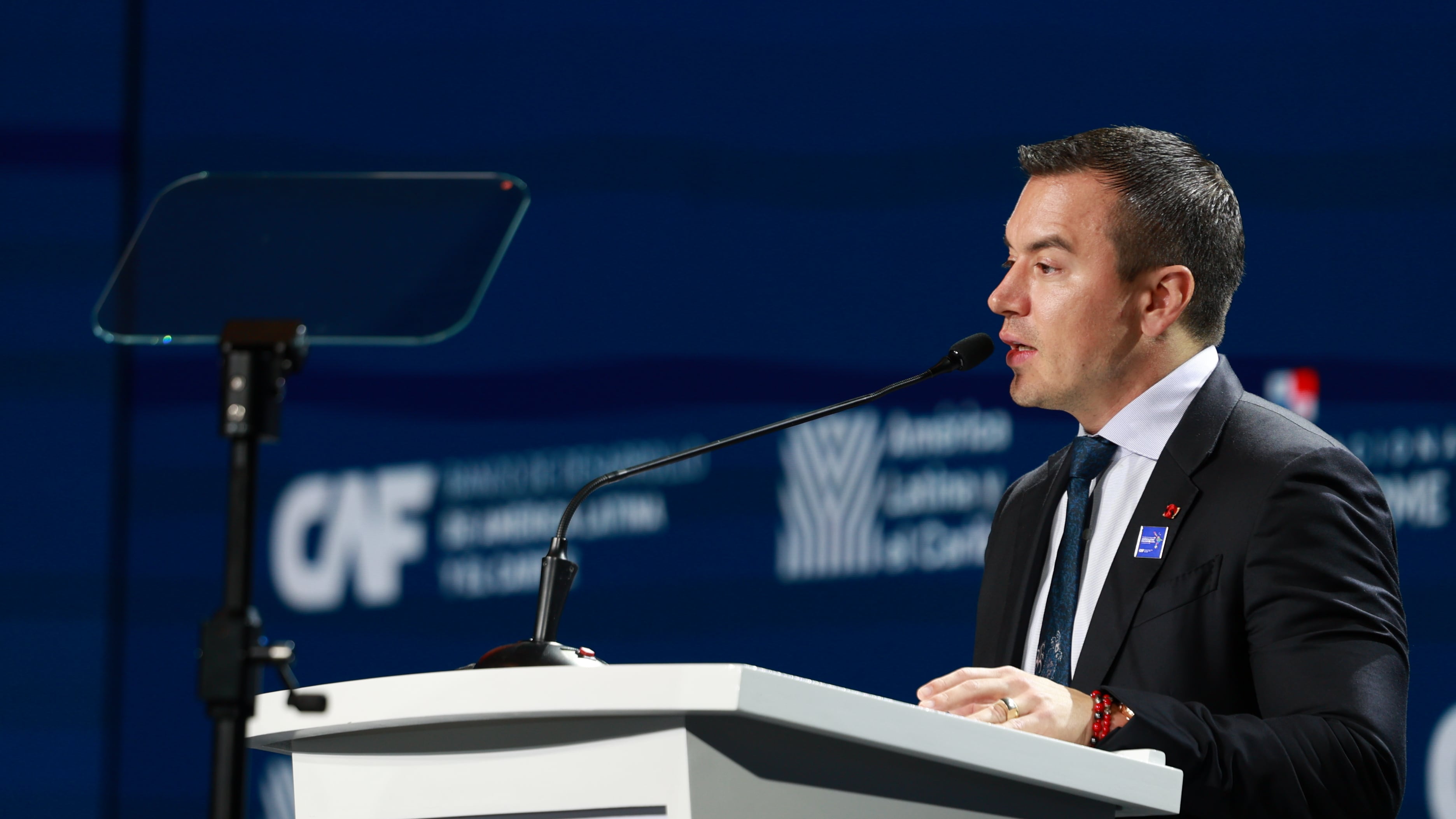 Presidente Daniel Noboa durante su intervención en el Foro CAF