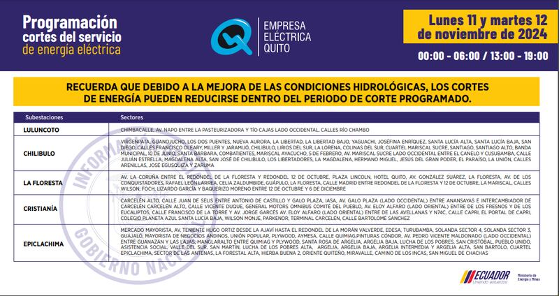 Cortes de luz en Quito 11 y 12 de noviembre