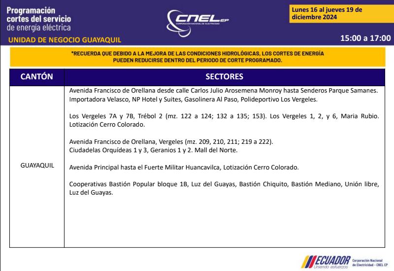 Guayaquil: nuevos horarios de apagones de dos horas del 16 al 19 de diciembre. Imagen: CNEL