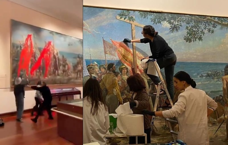 Restauradores eliminan pintura roja de El primer homenaje a Colón en Madrid tras ataque.