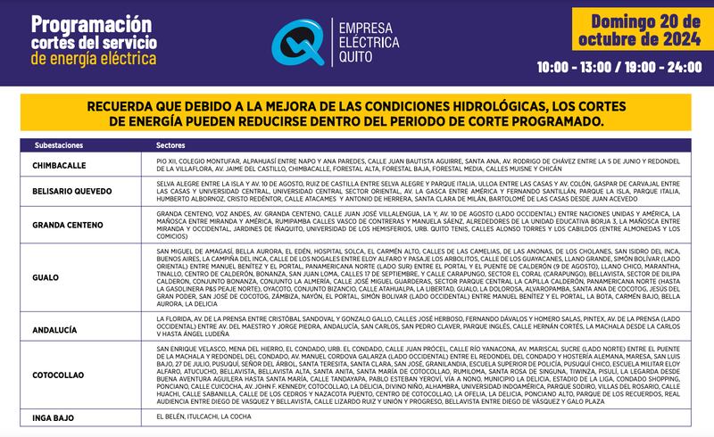 Quito: estos son los horarios de cortes de luz para este sábado 19 y domingo 20 de octubre. Imagen: EEQ