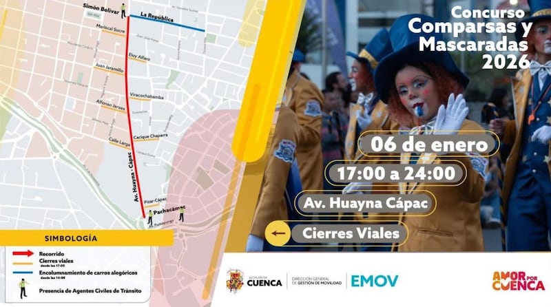 Transporte urbano de Cuenca circulará por rutas alternas debido a las comparsas y mascaradas 2026