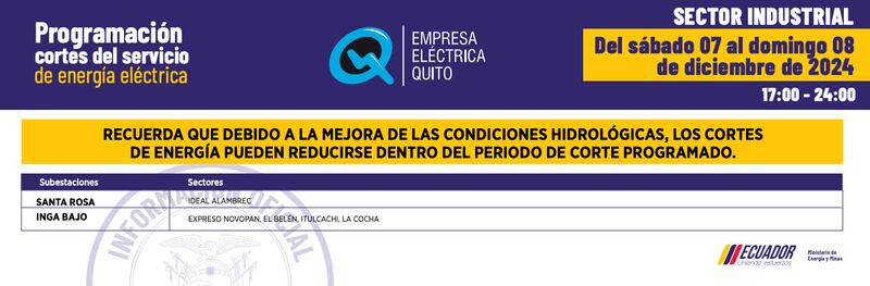 Sector industrial, cortes de luz en Quito del 07 de diciembre