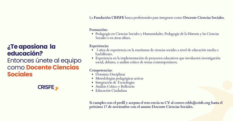 Vacante laboral en la fundación Crisfe en Quito para Quito como Docente de Ciencias Sociales