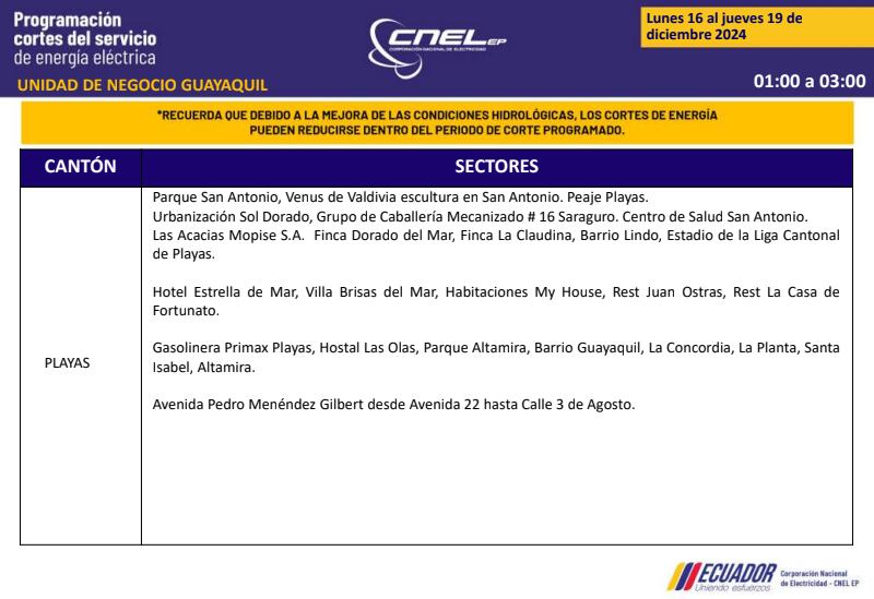 Guayaquil: nuevos horarios de apagones de dos horas del 16 al 19 de diciembre. Imagen: CNEL