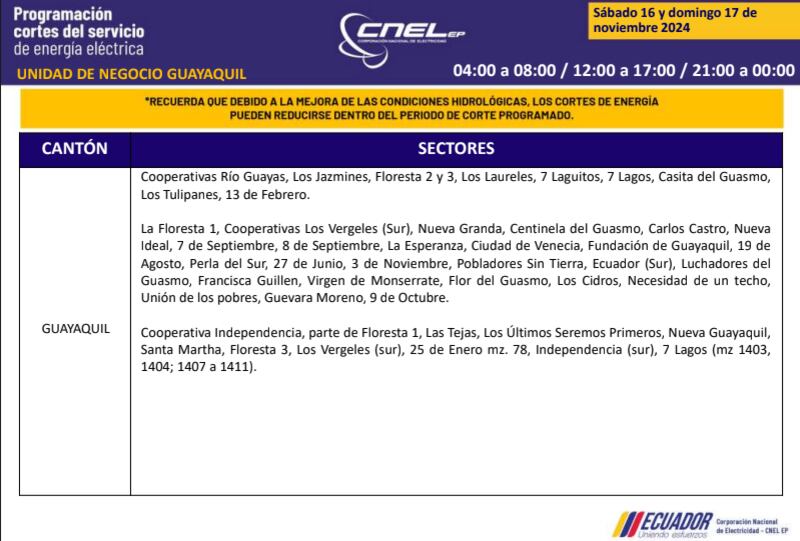 Guayaquil: horarios de cortes de luz de este domingo 17 de noviembre. Imagen: CNEL