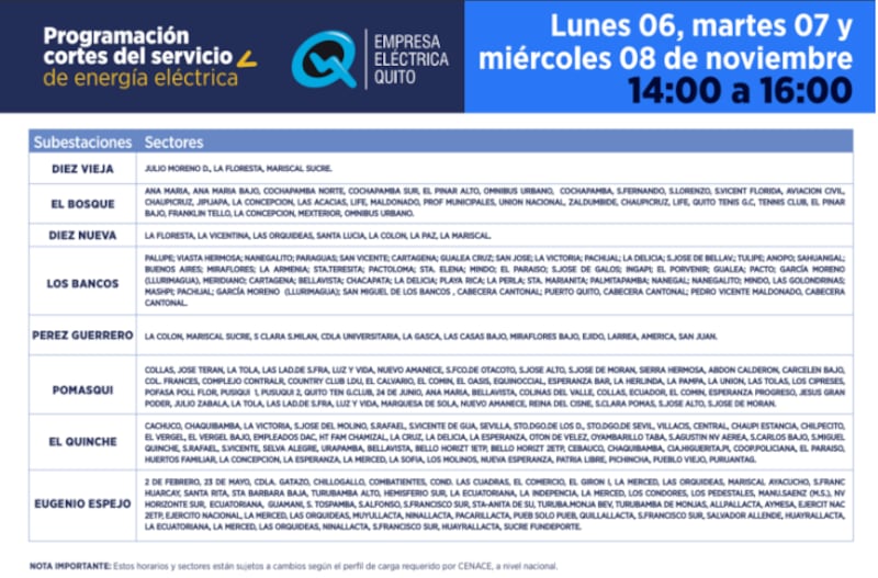 Cortes de luz de lunes a miércoles en Quito