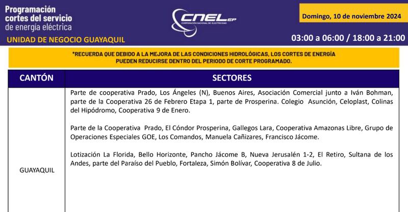 Cortes de luz en Guayaquil el 10 de noviembre