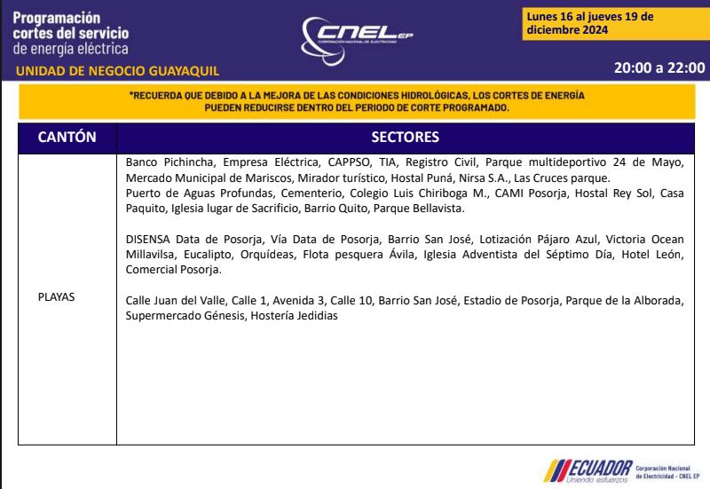 Guayaquil: nuevos horarios de apagones de dos horas del 16 al 19 de diciembre. Imagen: CNEL