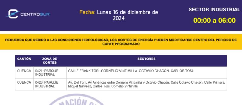Cuenca: cronograma de apagones de este lunes 16 de diciembre. Imagen: CENTROSUR