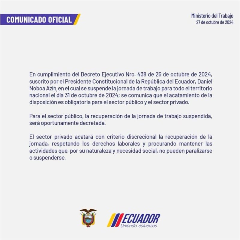 Suspensión de la jornada laboral del próximo jueves 31 será obligatoria para el sector público y privado