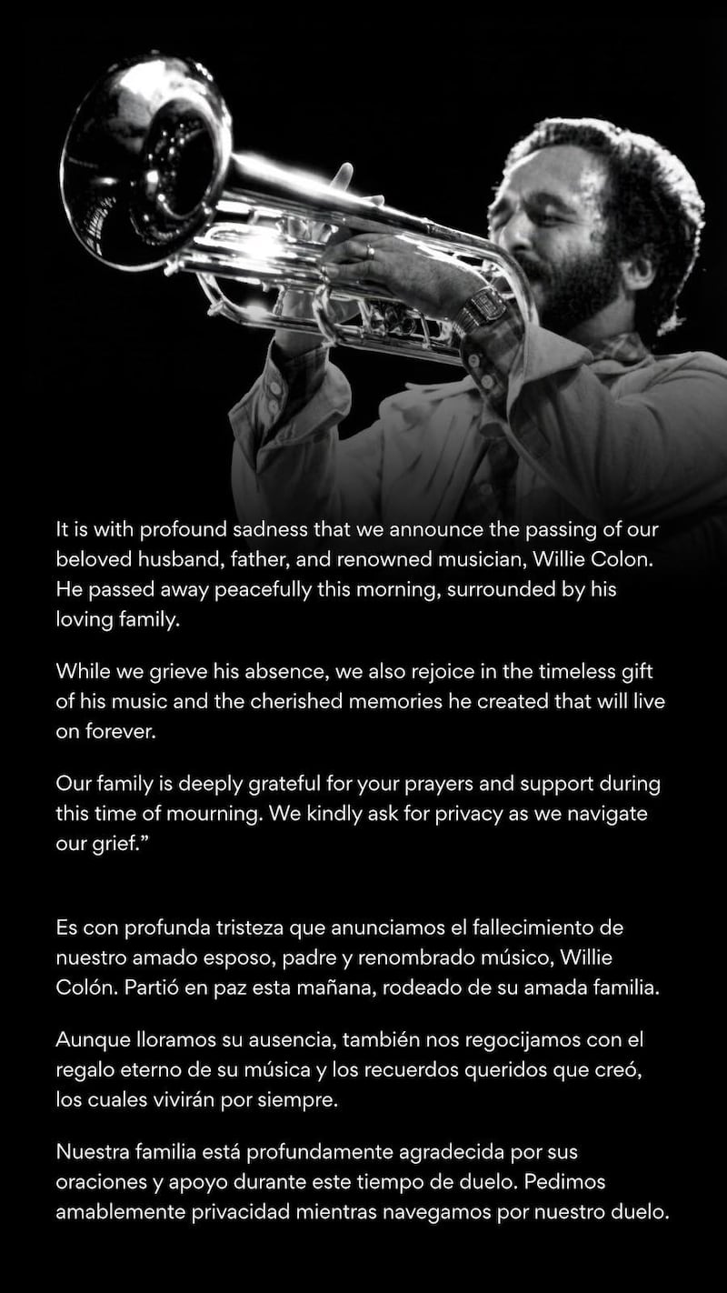 Familia de Willie Colón emite comunicado y pide “privacidad” tras su fallecimiento