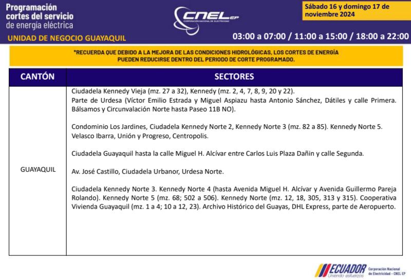 Guayaquil: horarios de cortes de luz de este domingo 17 de noviembre. Imagen: CNEL