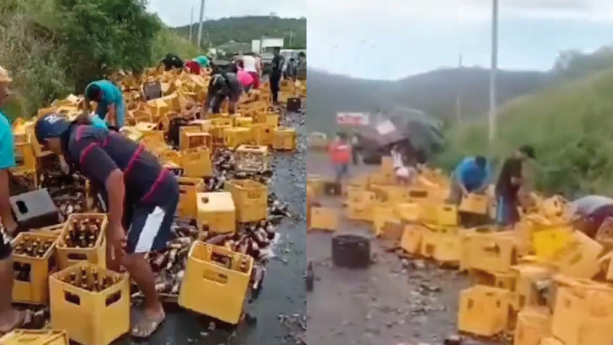 Camión que transportaba jabas de cervezas sufrió un accidente y las personas aprovecharon para robarse lo que quedaba