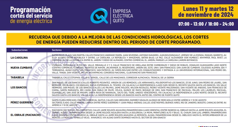 Cortes de luz en Quito 11 y 12 de noviembre