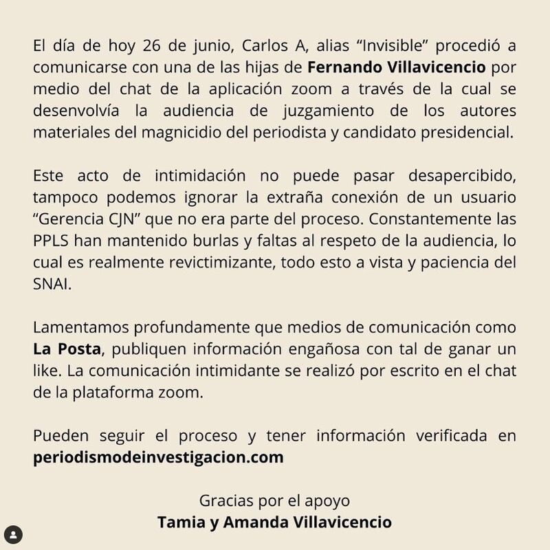 Alias ‘Invisible’ intimidó a la hija de Fernando Villavicencio durante audiencia de juicio por el asesinato del excandidato presidencial