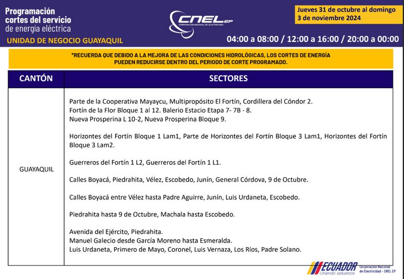 Cortes de luz en Guayaquil del 31 de octubre al 3 de noviembre