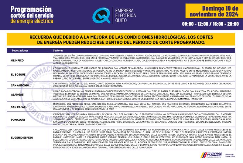 Horarios de cortes de luz para este domingo 10 de noviembre en Quito.