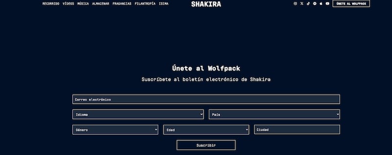 Formulario para registrarse en la página de Shakira