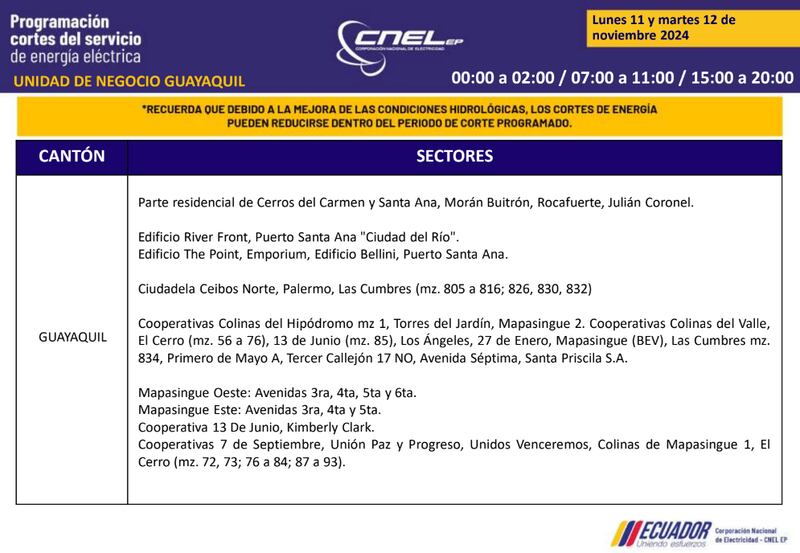 Cortes de luz en Guayaquil el 11 y 12 de noviembre