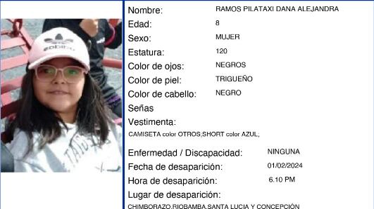 Autoridades emiten ‘Alerta Emilia’ tras la desaparición de la menor Diana Alejandra Ramos Pilataxi en Riobamba.
