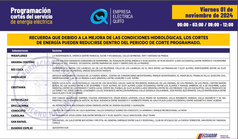 Cronograma de cortes de luz del viernes 1 al lunes 4 de noviembre en Quito