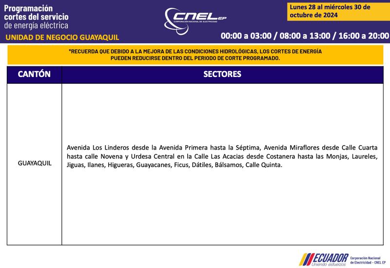 Guayaquil: horarios de apagones del 28 al 30 de octubre